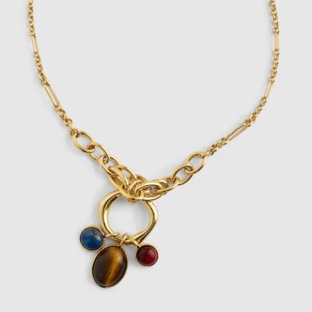 $88 NWT Madewell Semiprecious Tiger's Eye Lapis Stone Gold Chain Charm Necklace